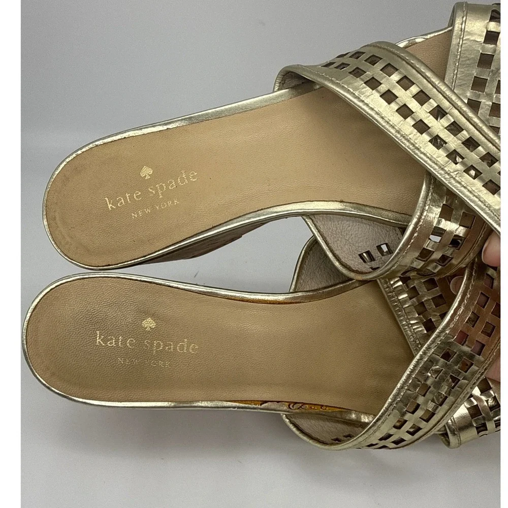Kate Spade New York Gold Metallic Lattice‎ Cork Wedge Sandals Womens 10M